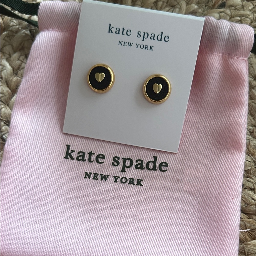 Kate Spade Heartful Black Gold Stud Earrings with Dustbag NWT